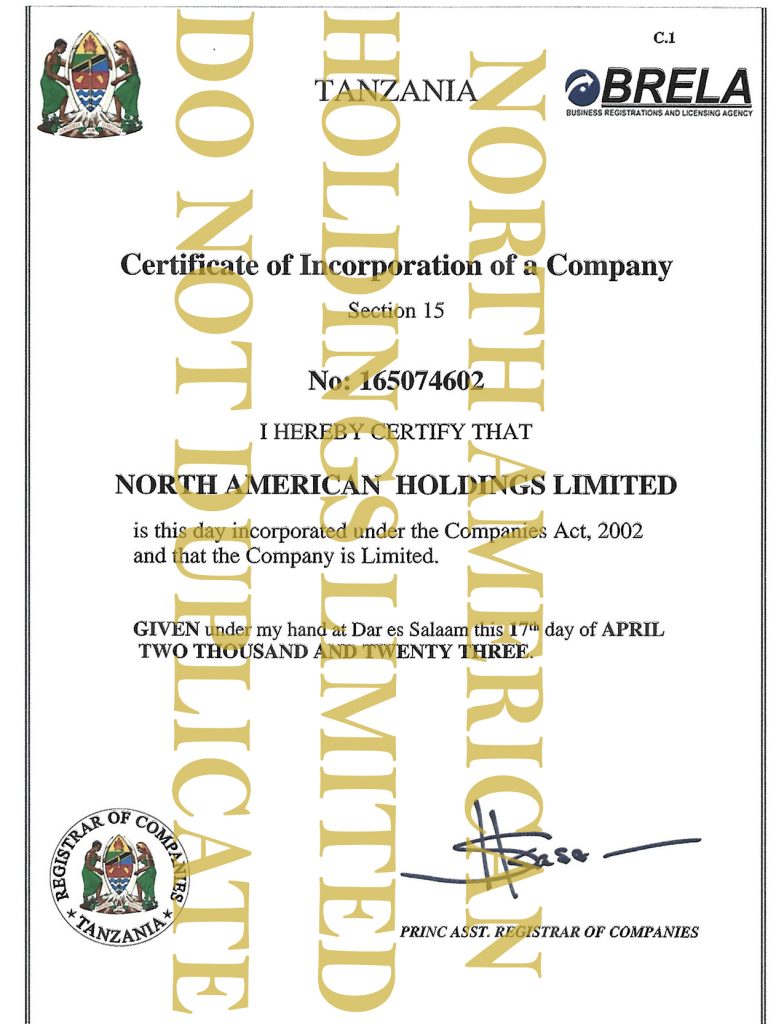 Certificate of Incorporation, Tanzania
